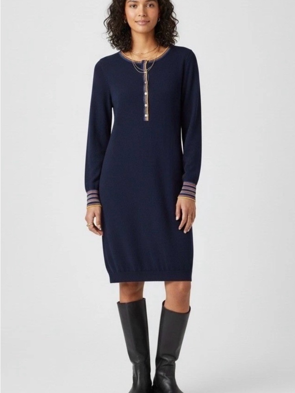 Boden Marlborough Henley Dress Navy Knit Size 6 Wool Cashmere Blend NEW